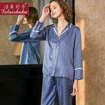 19 momme super kakovost, naravna svila pižamo določa ženske sleepwear dolge rokave Plemenito Modro prave svile ženske pižame T8225