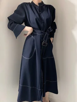 2020 Jeseni Nova Lady ' s Long Sleeve Preprost Dolg Plašč Plus Velikost Priložnostne Trendovska Oblačila za Ženske Windbreaker Trdna Jarek Obleko