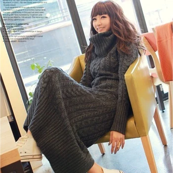 2020 korejski zimo dolgo oplaščeni Turtleneck Majica, krilo, obleka za zimske pletene obleke dolgo odstavka pulover obleko