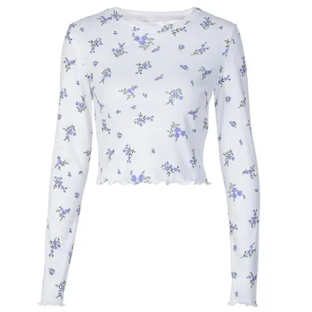 Cvetlični Natisnjeni T-Shirt Z Dolgimi Rokavi Ženske Obreži Zgoraj Slim Fit Puloverju Bela Tee Shirt Osnovne Ženski Harajuku Ulične 2020 Jeseni