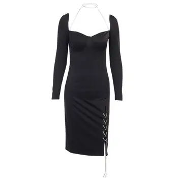 Hepburn Slog Seksi Režejo Obleko 2020 Nov Kvadratni Ovratnik, Dolgi Rokavi Slim Mid - Dolžina Mala Črna Obleka