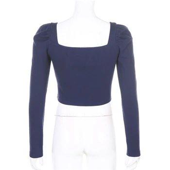 Jeseni žensk Proti-vrat bluzo Mornarsko modra dolg-kratek sleeved majica s kratkimi rokavi Ženske priložnostne puloverju Slim trendovska oblačila Ulice