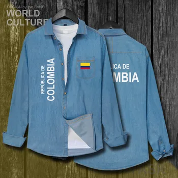 Kolumbija Kolumbijski COL CO Moških Zastav Oblačila Jeseni Bombaž Dolg Rokav Kavboj Plašč Moda Zavoj navzdol Ovratnik Kavbojke, Majico Vrhovi Nova