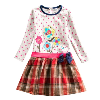 NOV Baby Dekleta Cvetlični Obleko Otroci Vezene Cvet Dolg Rokav Bowknot Kariran Mozaik Obleke Otroško Jeseni Priložnostne Obleke