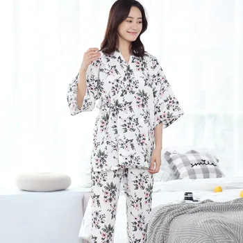 NOVO Kimono Pižamo Žensk Gaza Tanke Spomladanski Cvetlični Sedem Rokav Obleko Domov Oblačila Ženska Pižame Sleepwear Ženska Domača Obleka