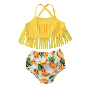 Otroci Baby Dekleta Kopalke Trdna Tassel Vrh+Banana Tiskanja Hlače Bikini Komplet Obleke Moda Bombaž Kopalke Plažo 1-5T
