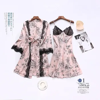 Pomlad Poletje Novo 4PCS Pižamo bo Ustrezala Ženski Kimono Plašč Obleke Intimno Perilo Tiskanja Cvet Sleepwear Priložnostne More Nositi Domov