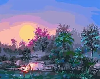Roza sončni zahod v gozdu DIY digitalne stenske umetnosti akril krajine, barvanje z številkami na platno uokvirjena 4050 za dnevno sobo