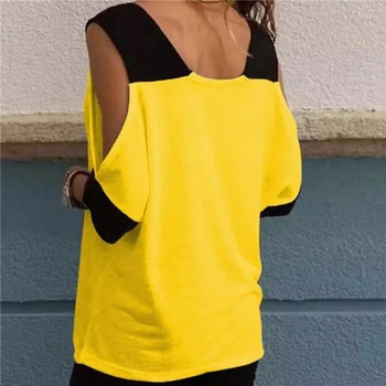 Ženske Mozaik Hladno Ramo T-shirt 5XL Plus Velikost Vrhovi Proti-Vrat Pol Rokav Ženska T Majica Poletje Športna T Majica Za Ženske