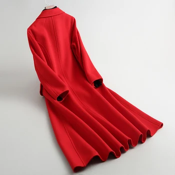 Potrditev dvojno soočajo volnene plašč čiste roke-iz volne dolgo fit koleno dolžina volnene plašč ženske rdeča obleka