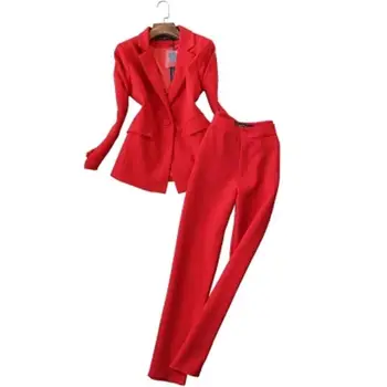 Rdečo obleko obleko ženske jeseni Nova Moda obleko ženski velik obseg dame suknjič + devet točk hlače komplet dveh
