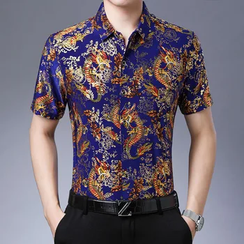 Zlato Tiskanih Mens Majice Luksuzni Srajce Svile Plus Velikost Moške Srajce Moda Poletje 2020 Za Moška Oblačila Baročno Klub Satenasto Obleko