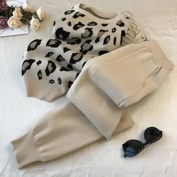 2021 Novo Pomlad Jesen Pletene Dve Peice Set za Ženske Leopard Puloverju Puloverji Elastični Pas Hlače Skokih Hlače, Obleke
