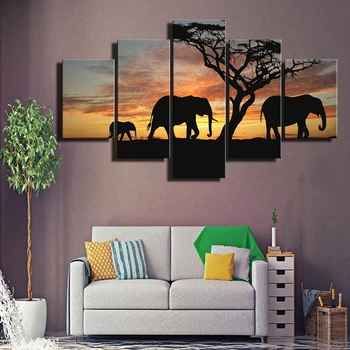 5 Plošče Velike Živali Platno Natisne Sloni Wall Art Modular Slike Afriških Sončnem Zahodu Pokrajina Stenske Plakate Za Dom Dekor