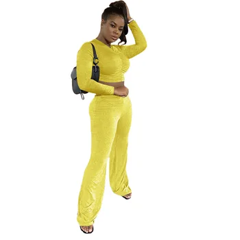 Bombaž Barva Proti-Vrat Dolg Rokav Ruffle Seksi Crop Tops & Bell-Dna Ženske Priložnostne Obleko 2020 Jeseni Dve Delni Set