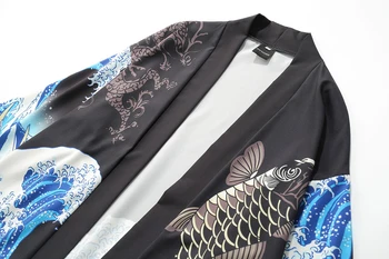 ELKMU Japonski Kimono Krap Ribe Natisnjeni Jopico Srajce Jopiči Mens Priložnostne Ulične Jakna Moški Modni Outwear Vrhovi HE151