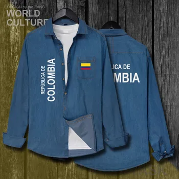 Kolumbija Kolumbijski COL CO Moških Zastav Oblačila Jeseni Bombaž Dolg Rokav Kavboj Plašč Moda Zavoj navzdol Ovratnik Kavbojke, Majico Vrhovi Nova