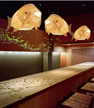 Naravnega Bambusa, Protja Rattan Ribe Obesek luç Art Deco Slogu Vzmetenje Stropne Svetilke Oblikovalec za Jedilno Mizo Soba