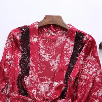 Pomlad Poletje Novo 4PCS Pižamo bo Ustrezala Ženski Kimono Plašč Obleke Intimno Perilo Tiskanja Cvet Sleepwear Priložnostne More Nositi Domov