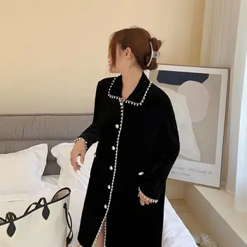 Seksi črne zimske žamet obleke obleke določa ženske Lepe hišna obleke z dolgimi rokavi, toplo pižame ženske spalne srajce sleepwear