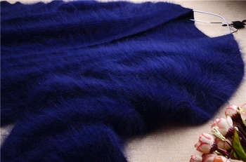Ženske ženske modni Proti-vrat mornarsko modra fuzzy mink kašmir dolge rokave angora zajcev volne ohlapno pletene jopice suknjič pozimi