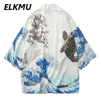 ELKMU Japonski Kimono Krap Ribe Natisnjeni Jopico Srajce Jopiči Mens Priložnostne Ulične Jakna Moški Modni Outwear Vrhovi HE151