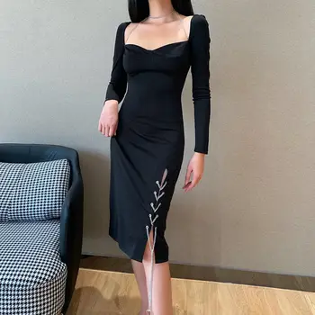 Hepburn Slog Seksi Režejo Obleko 2020 Nov Kvadratni Ovratnik, Dolgi Rokavi Slim Mid - Dolžina Mala Črna Obleka