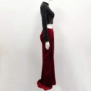 Jeseni leta 2019 dva-delni set za ženske dolgo sleeved sequined vrh in zbiranjem stranske razporke dolgo krilo moda stranka seksi obleko, krilo