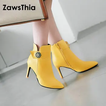 Sianie Tianie jeseni, pozimi, ženska, čevlji rumena bela tankih visokih petah konicami prstov stiletto gleženj škornji velikosti 45 46 47 48