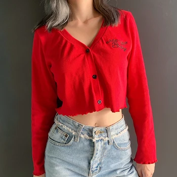 Vintage Pismo, Vezenje, tiskanje V vratu korejski Seksi majice za Ženske Rdeča Dolg Rokav Obreži Zgoraj Priložnostne Srčkan Vrhovi Ulične