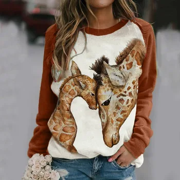 Vroče prodaje Božič Žirafa tiskanja Risanka Long sleeve Majica s kratkimi rokavi ženske O-vratu puloverju barva svoboden vrhovi