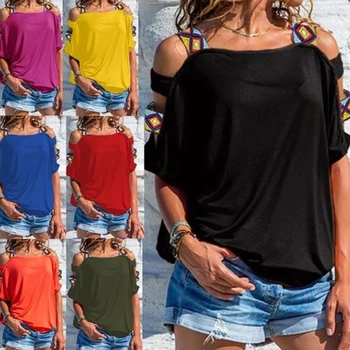 Ženske Mozaik Hladno Ramo T-shirt 5XL Plus Velikost Vrhovi Proti-Vrat Pol Rokav Ženska T Majica Poletje Športna T Majica Za Ženske